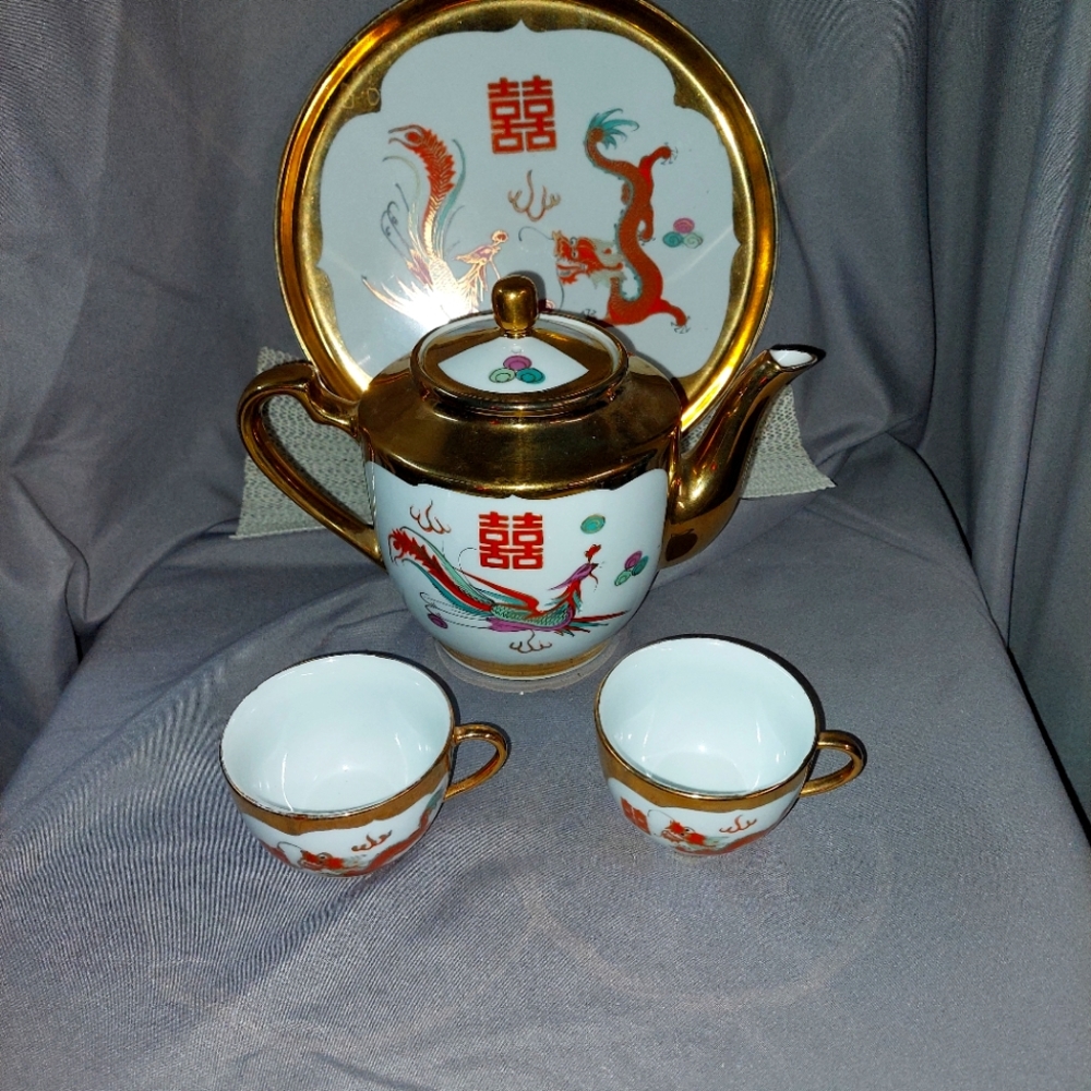 Vintage Gold Trimmed Asian PHOENIX Tea Set (4pcs) Hand-Painted